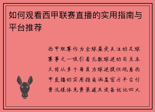 如何观看西甲联赛直播的实用指南与平台推荐